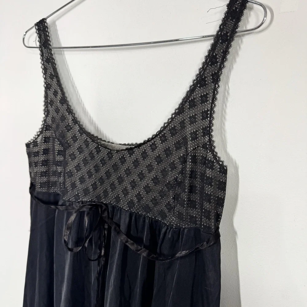 VTG 70s Formfit Rogers Black Maxi Slip Dress Negligee Peignoir Nightgown Lace‎ M